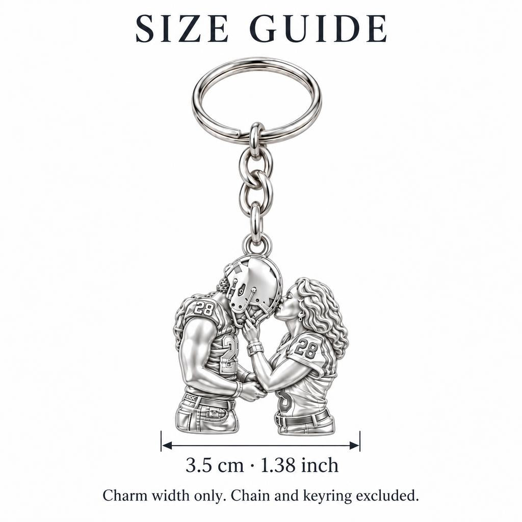 Football Sideline Sweetheart Charm Keychain – size guide, 3.5 cm (1.38 in) charm, chain and keyring excluded