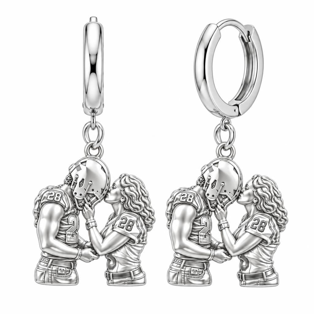 Football Sideline Sweetheart Huggie Charm Earrings – silver, front view