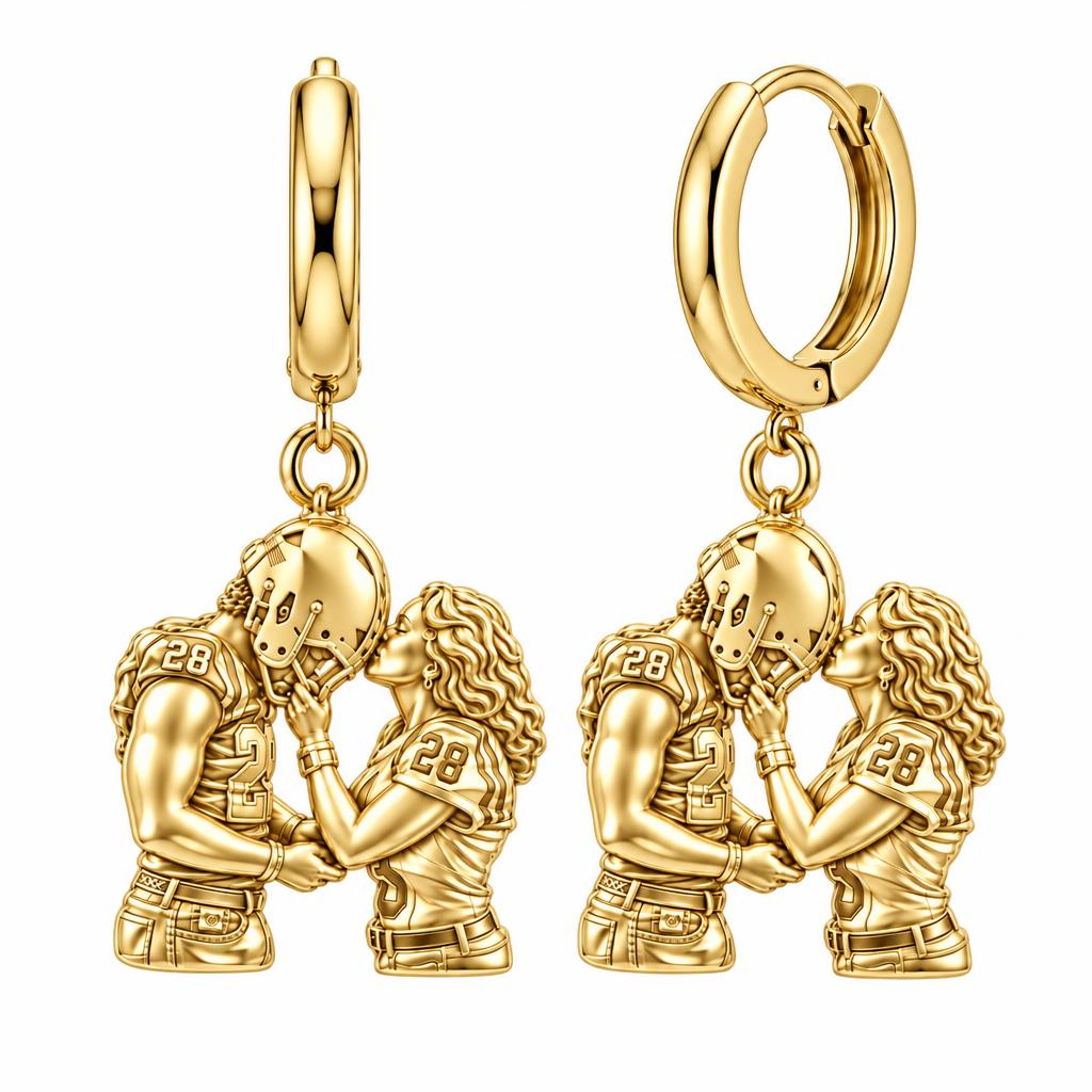Football Sideline Sweetheart Huggie Charm Earrings – 18K gold, front view