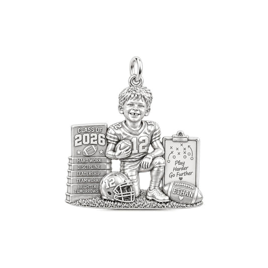 Football Star Graduation Charm Bracelet – Personalized Mom Gift – silver plated 2 cm charm, front view