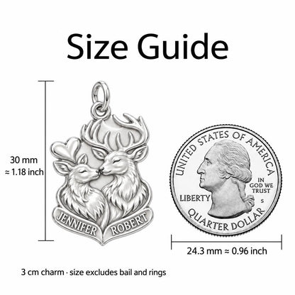 Forest Hearts Deer Charm Bracelet – Personalized Couple Gift – size guide, 3 cm charm next to a quarter