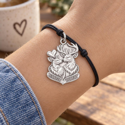 Forest Hearts Deer Charm Bracelet – Personalized Couple Gift – worn on the wrist on a black cord bracelet