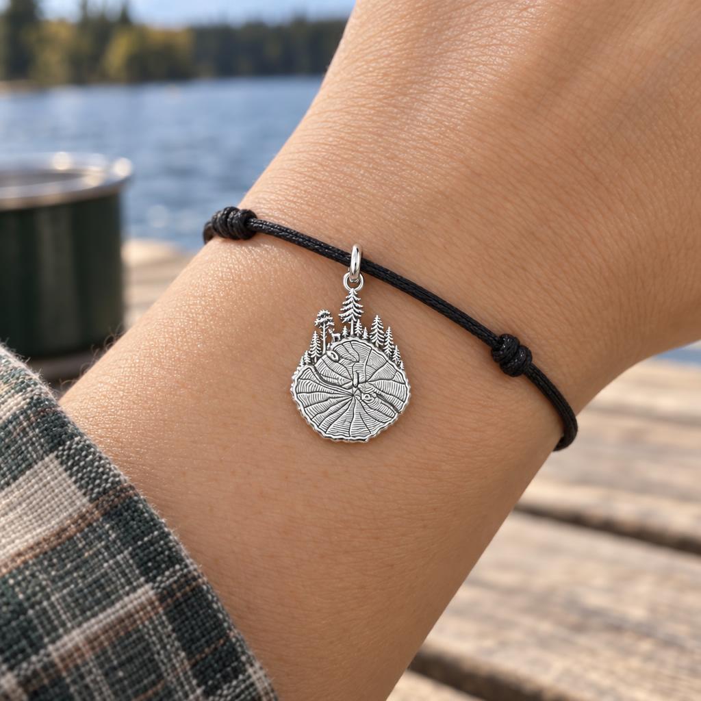 Forest Rings Charm Bracelet – Personalized Nature Lover Gift – worn on the wrist on a black cord bracelet