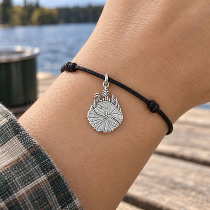 Forest Rings Charm Bracelet – Personalized Nature Lover Gift – worn on the wrist on a black cord bracelet