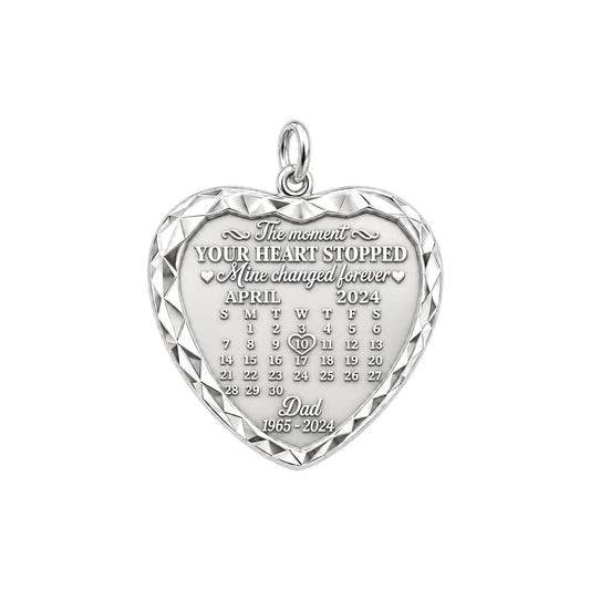 Forever Heart Calendar Charm Bracelet – Personalized Memorial Gift – silver plated 2 cm charm, front view