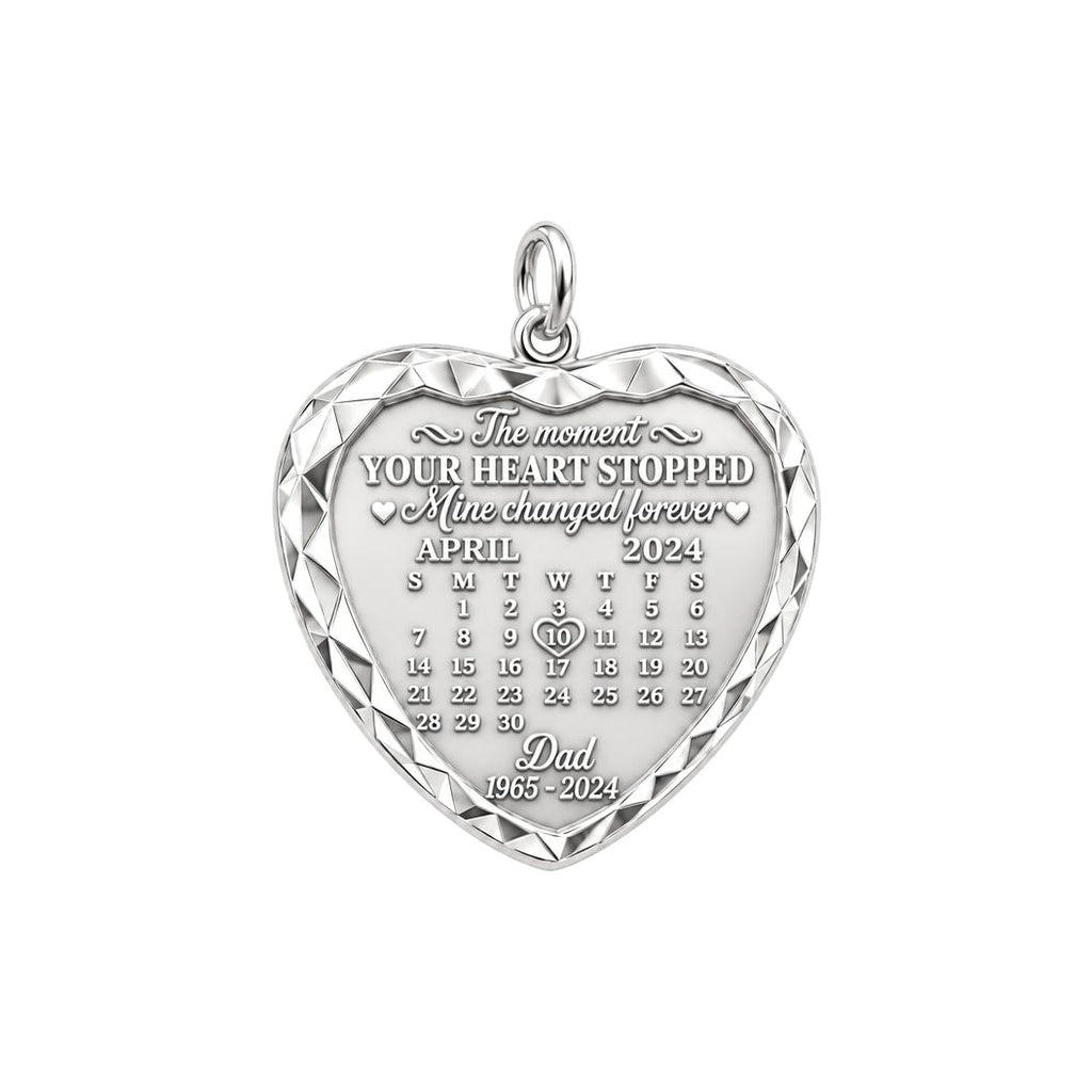 Forever Heart Calendar Charm Bracelet – Personalized Memorial Gift – silver plated 3 cm charm, front view