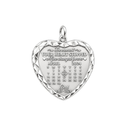Forever Heart Calendar Charm Bracelet – Personalized Memorial Gift – silver plated 3 cm charm, front view