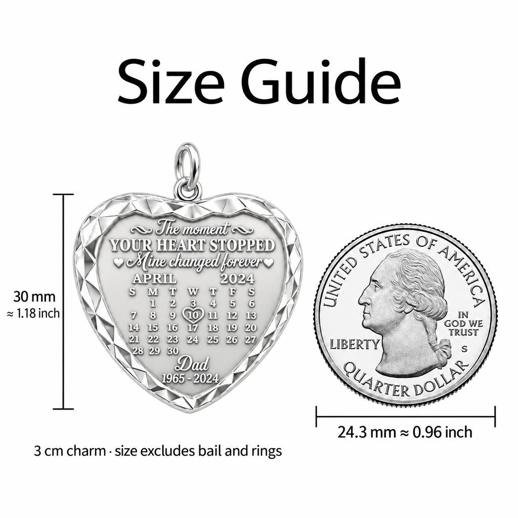 Forever Heart Calendar Charm Bracelet – Personalized Memorial Gift – size guide, 3 cm charm next to a quarter
