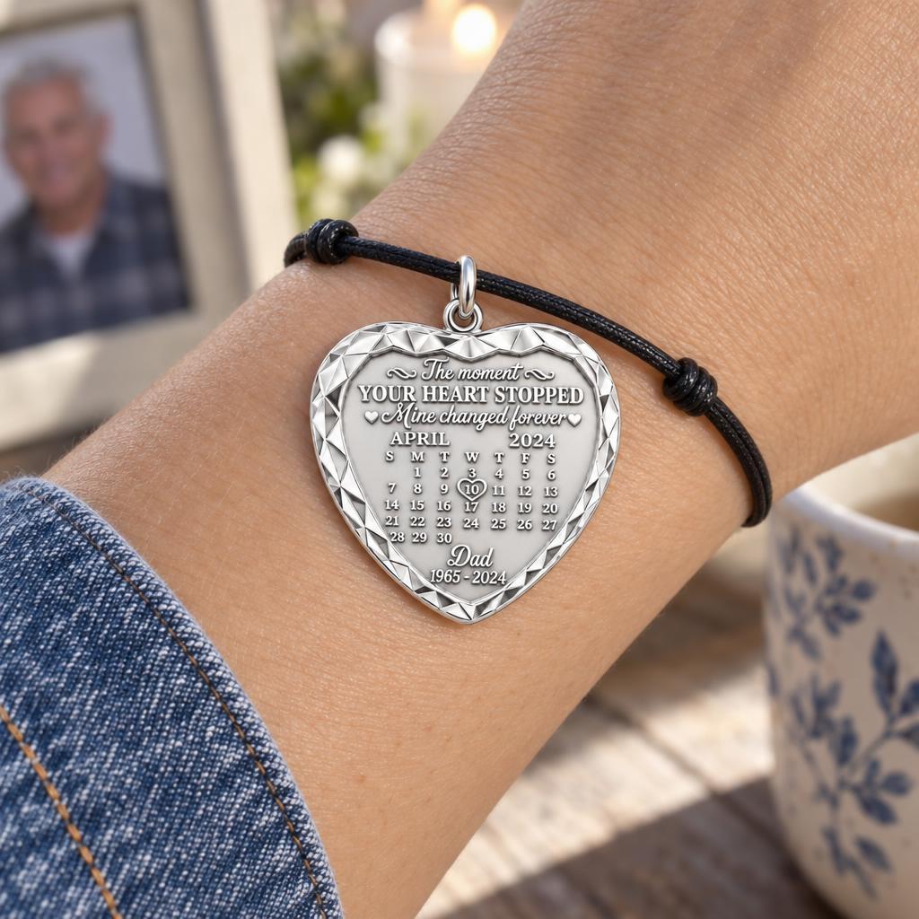 Forever Heart Calendar Charm Bracelet – Personalized Memorial Gift – worn on the wrist on a black cord bracelet