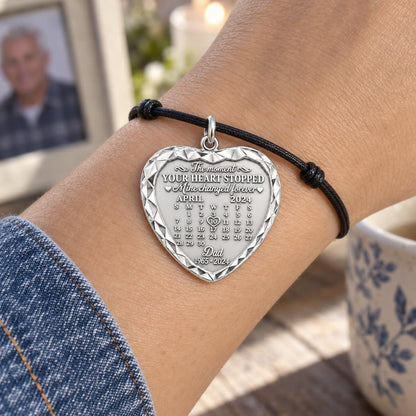 Forever Heart Calendar Charm Bracelet – Personalized Memorial Gift – worn on the wrist on a black cord bracelet
