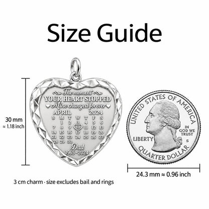 Forever Heart Calendar Charm Bracelet Set – size guide, 13 mm charm next to a quarter