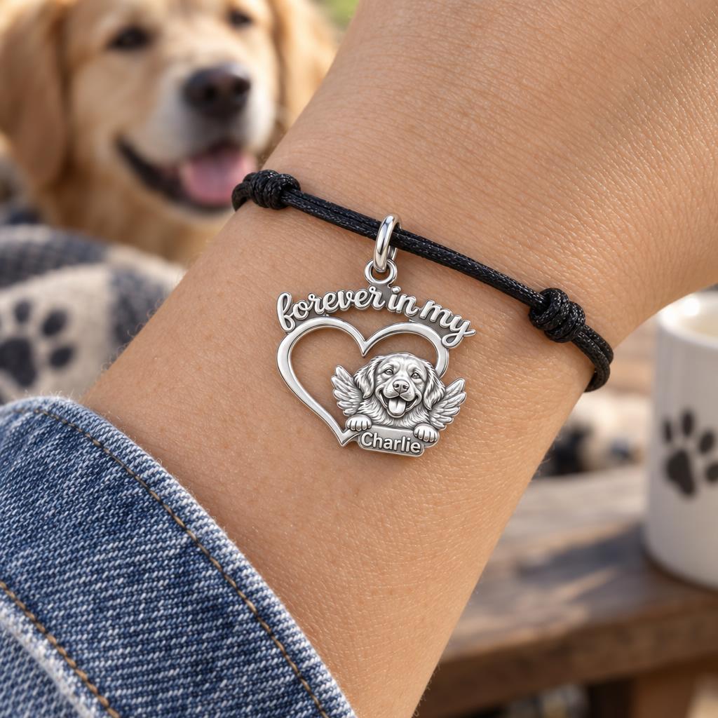 Forever In My Heart Charm Bracelet – Personalized Dog Mom Gift – worn on the wrist on a black cord bracelet