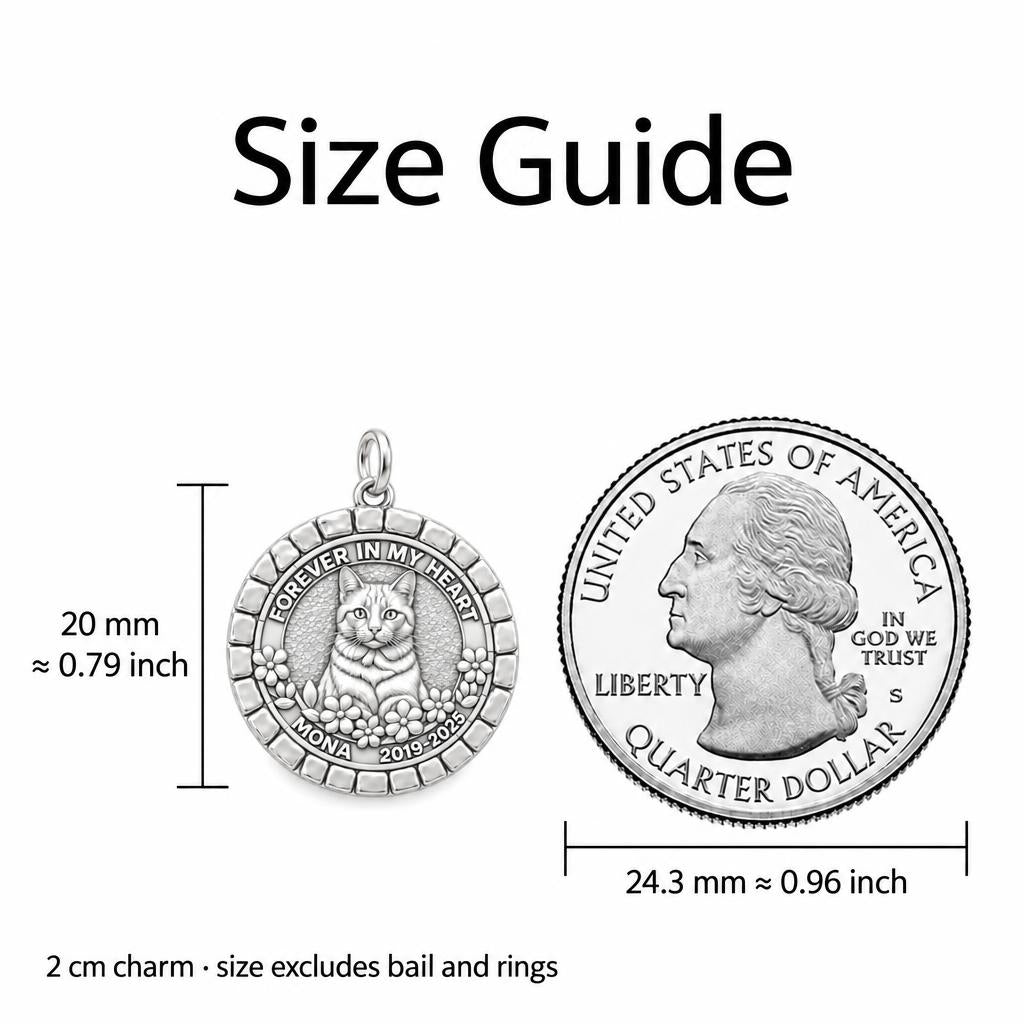 Forever In My Heart Pet Portrait Charm Necklace Set – size guide, 13 mm charm next to a quarter
