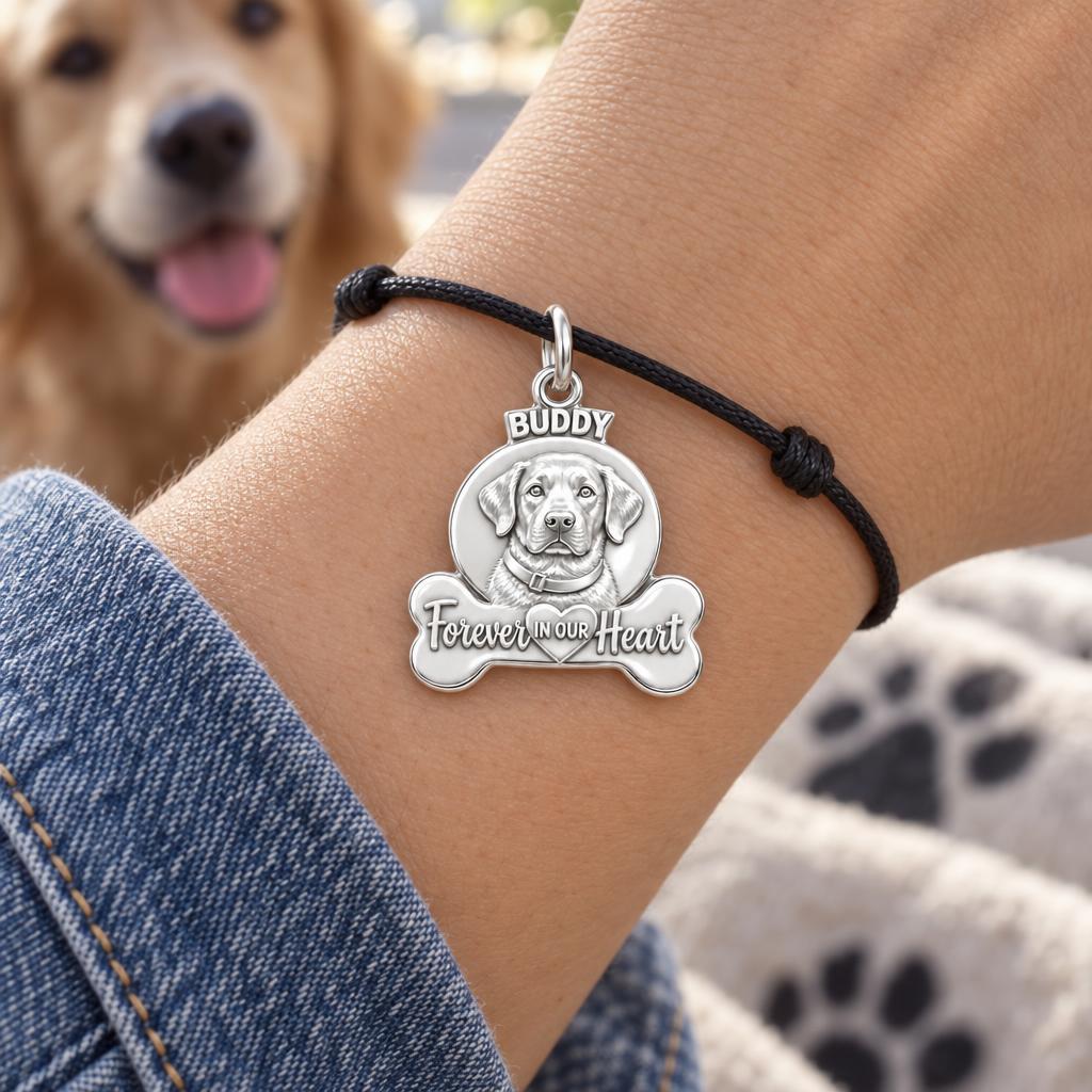 Forever In Our Heart Charm Bracelet – Personalized Pet Gift – worn on the wrist on a black cord bracelet
