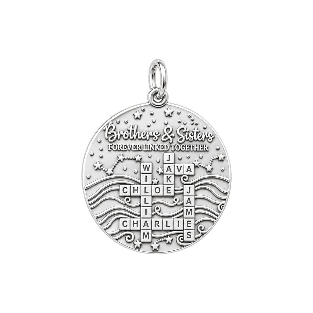Forever Linked Crossword Charm Bracelet – Personalized Mom Gift – silver plated 3 cm charm, front view