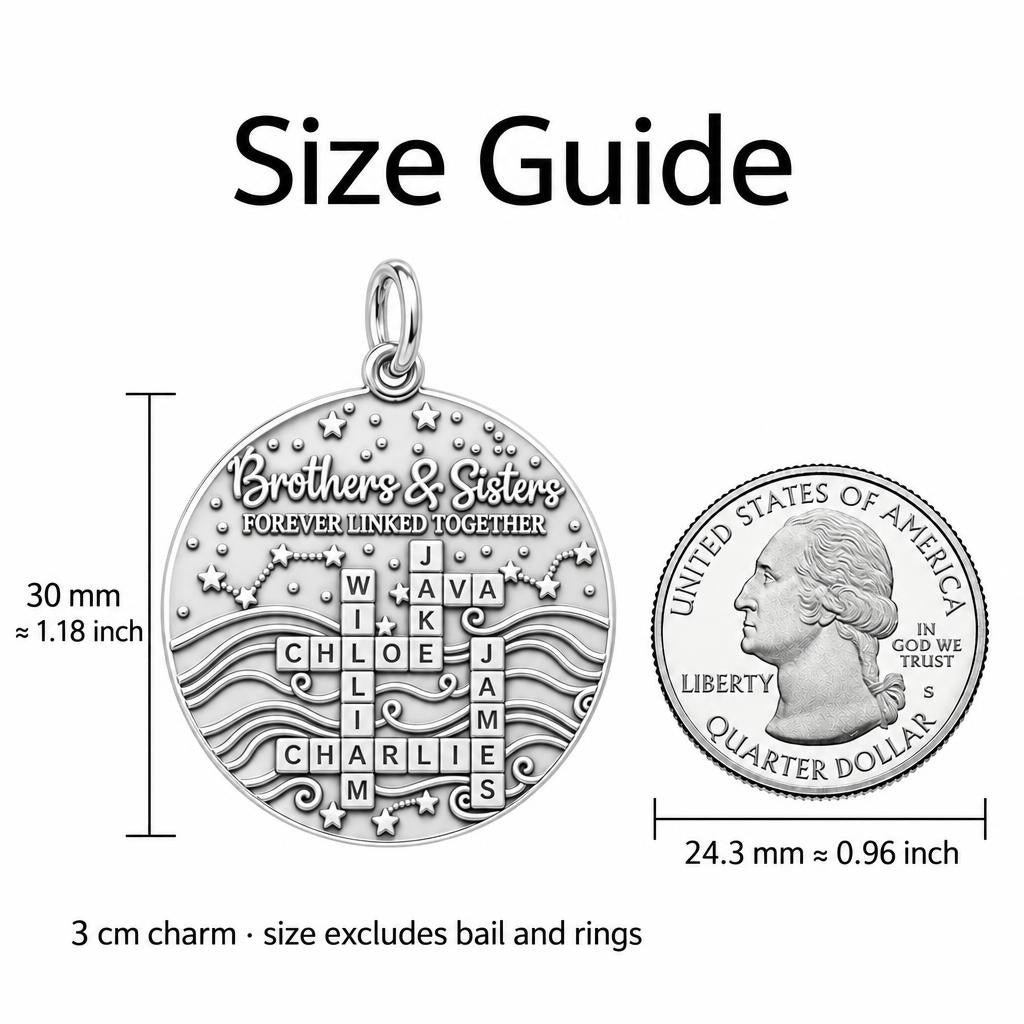 Forever Linked Crossword Charm Bracelet – Personalized Mom Gift – size guide, 3 cm charm next to a quarter