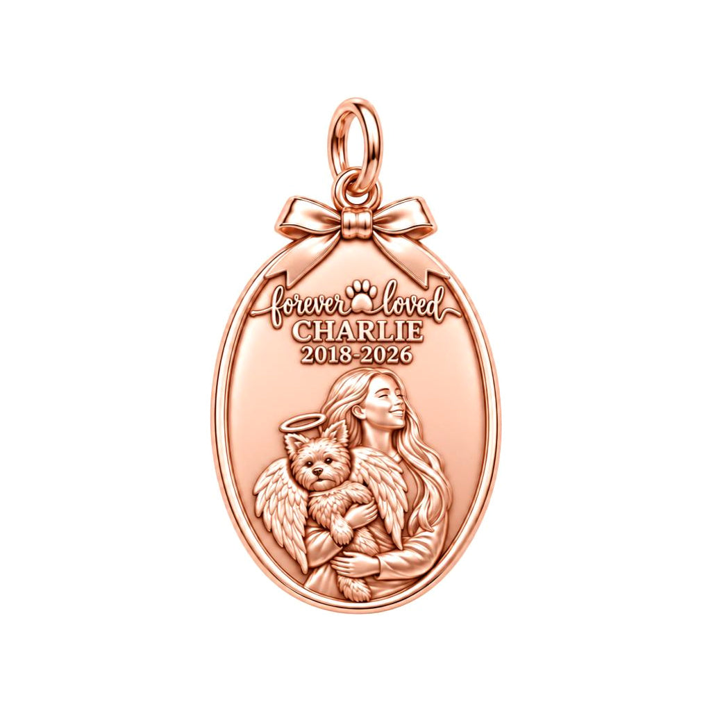 Forever Loved Angel Pet Charm Bracelet – Personalized Dog Mom Gift – rose gold 2 cm charm, front view