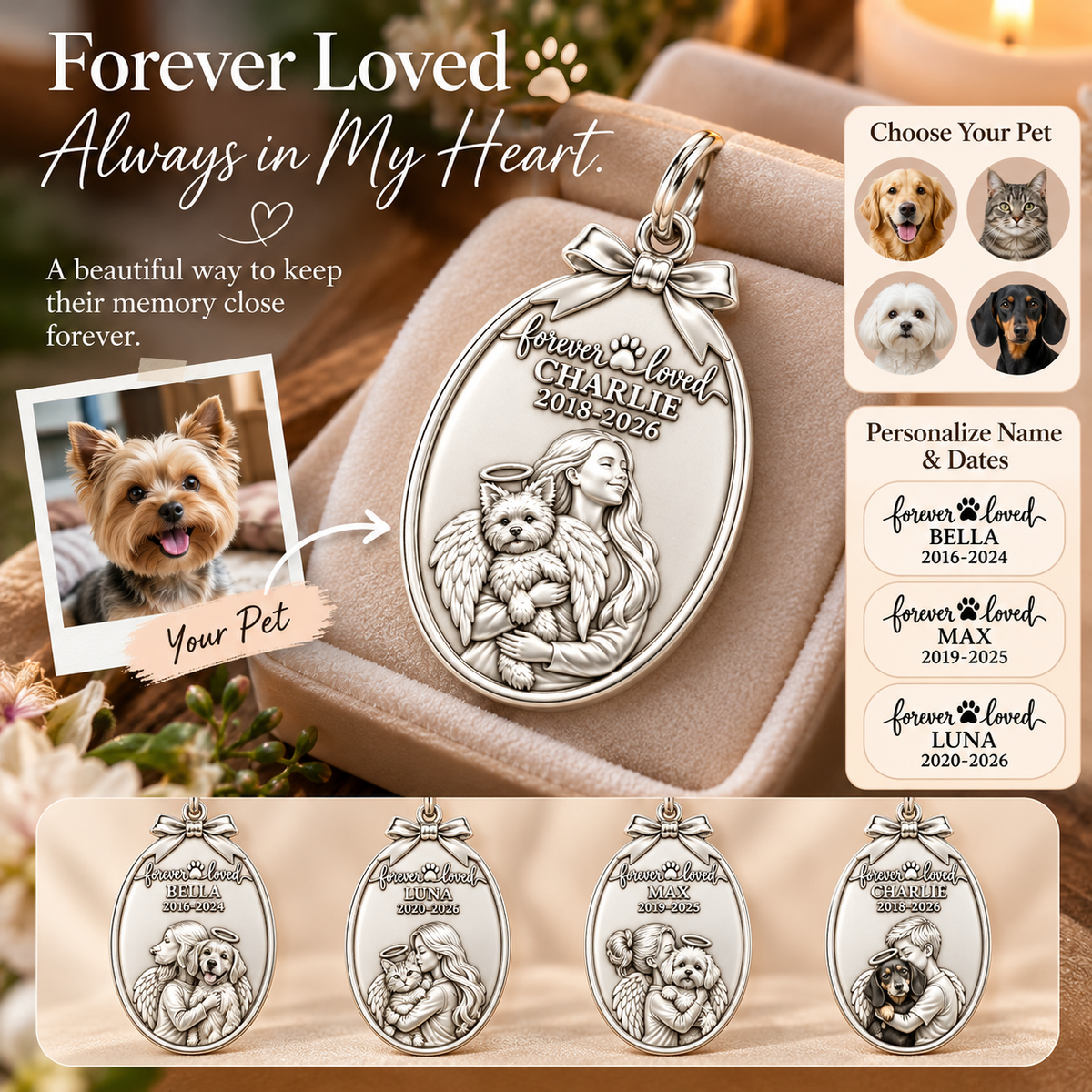 Forever Loved Angel Pet Charm Bracelet – Personalized Dog Mom Gift