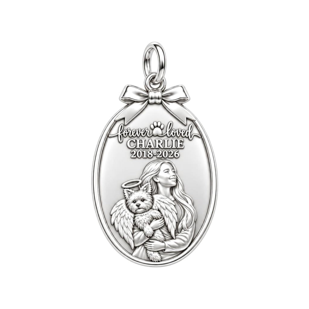 Forever Loved Angel Pet Charm Bracelet – Personalized Dog Mom Gift – silver plated 2 cm charm, front view