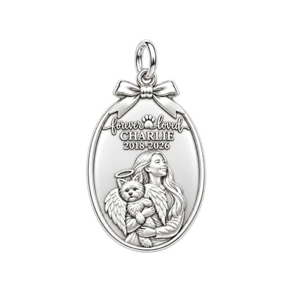 Forever Loved Angel Pet Charm Bracelet – Personalized Dog Mom Gift – silver plated 2 cm charm, front view