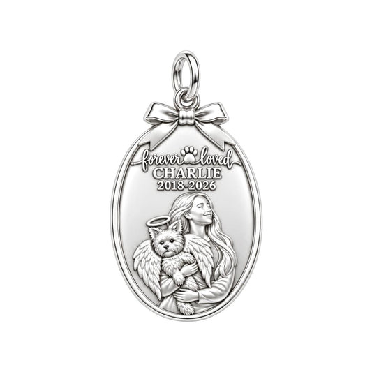 Forever Loved Angel Pet Charm Bracelet – Personalized Dog Mom Gift – silver plated 2 cm charm, front view