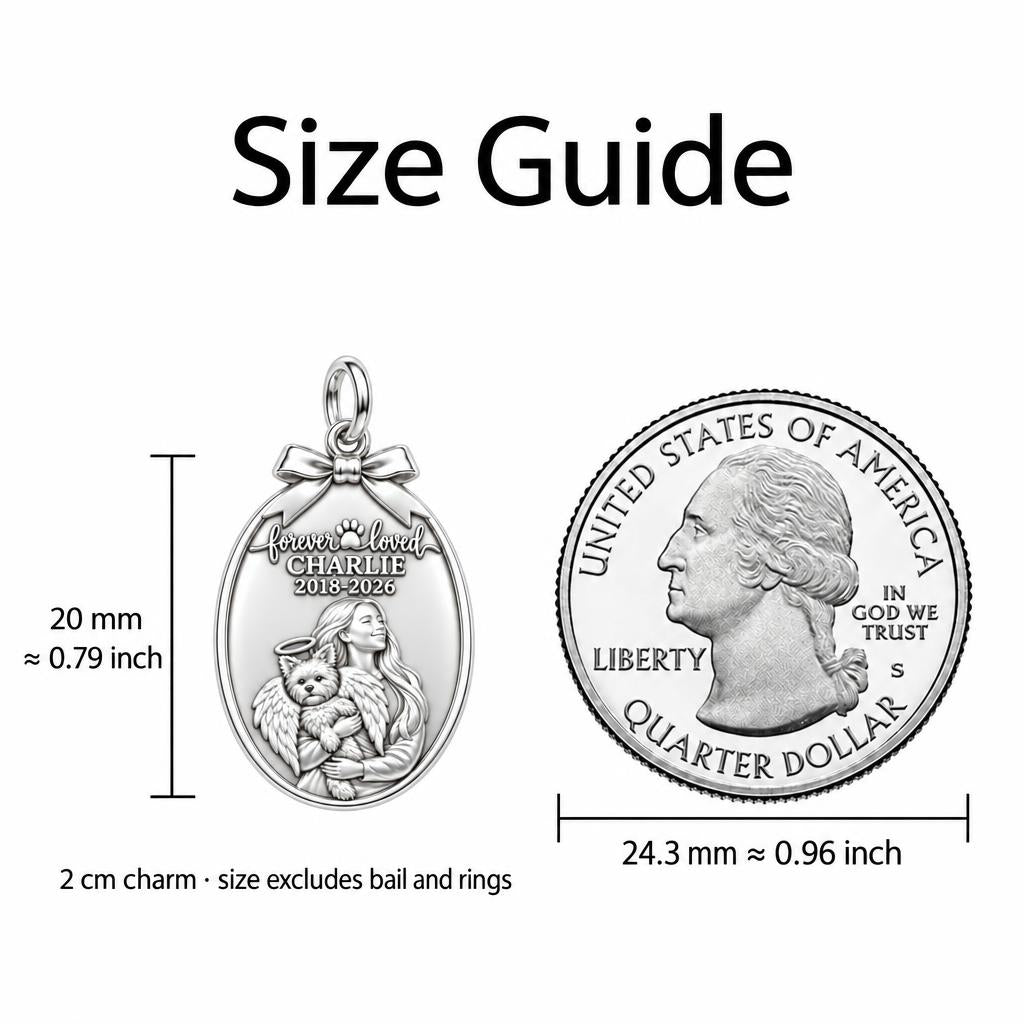 Forever Loved Angel Pet Charm Bracelet – Personalized Dog Mom Gift – size guide, 2 cm charm next to a quarter