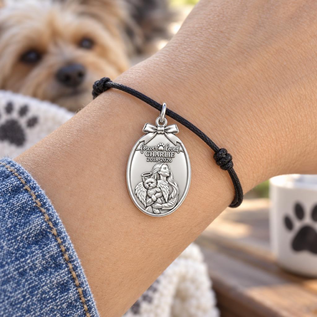 Forever Loved Angel Pet Charm Bracelet – Personalized Dog Mom Gift – worn on the wrist on a black cord bracelet