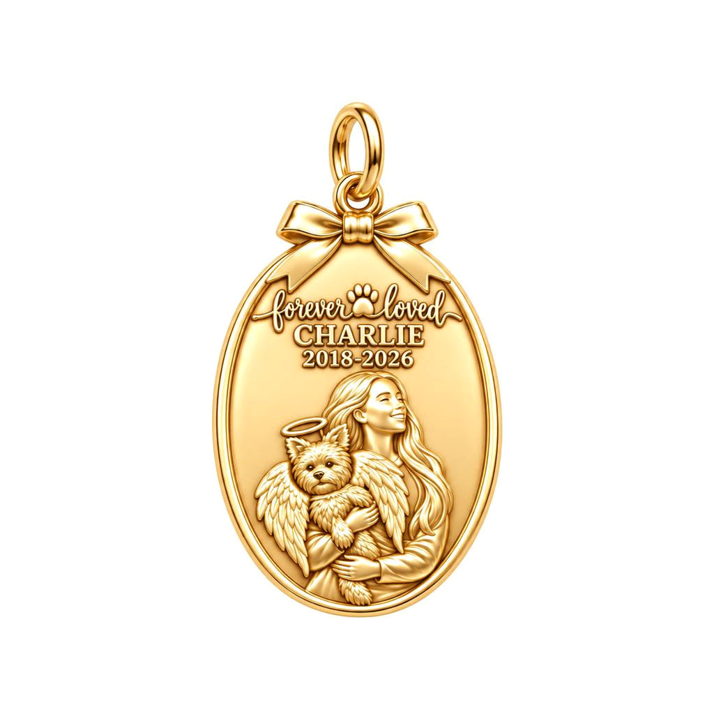 Forever Loved Angel Pet Charm Bracelet – Personalized Dog Mom Gift – 18K gold plated 2 cm charm, front view