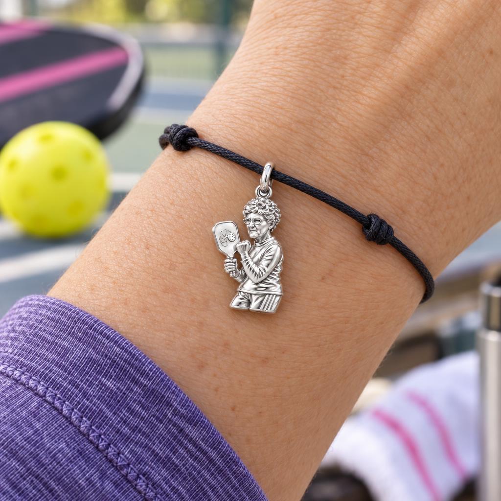 Forever My Pickleball Partner – Personalized Photo Charm – worn on the wrist on a black cord bracelet