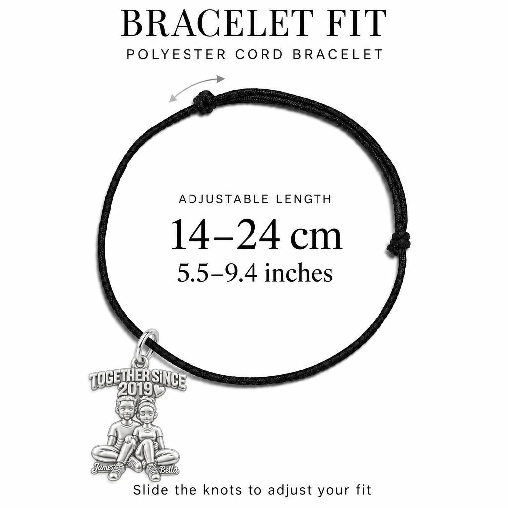 Forever Together Couple Charm Bracelet – Personalized Couple Gift – adjustable black cord bracelet, 14–24 cm