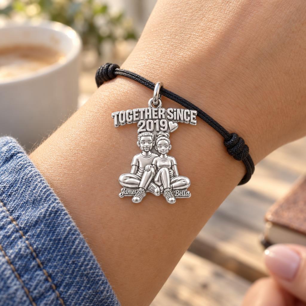 Forever Together Couple Charm Bracelet – Personalized Couple Gift – worn on the wrist on a black cord bracelet
