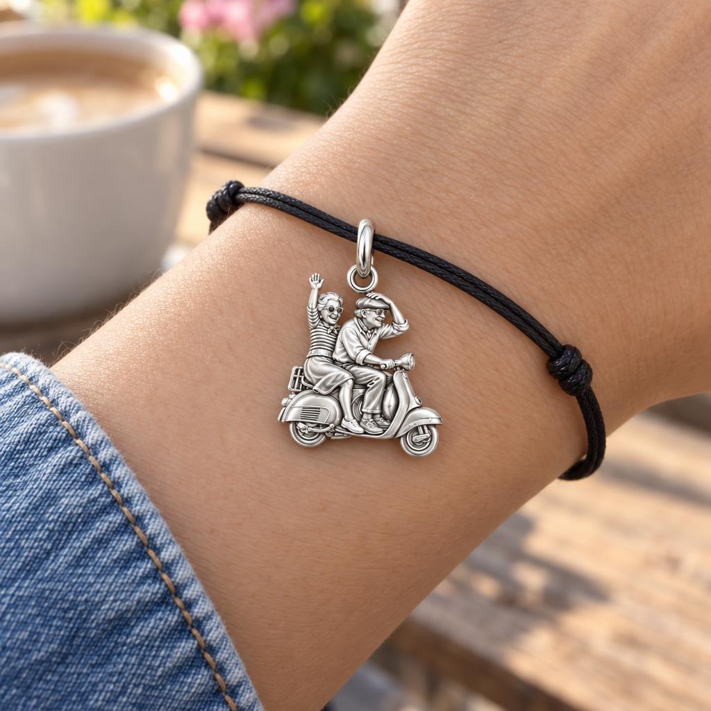 Forever Young Couple Charm Bracelet – Personalized Couple Gift – worn on the wrist on a black cord bracelet