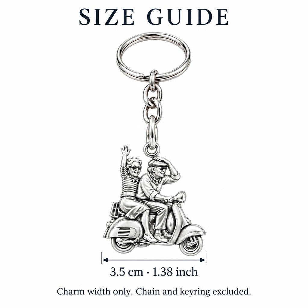 Forever Young Scooter Couple Charm Keychain – size guide, 3.5 cm (1.38 in) charm, chain and keyring excluded