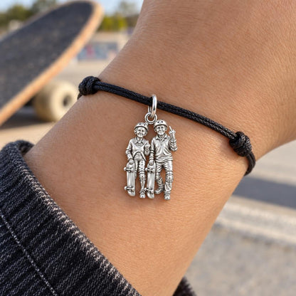 Forever Young Skaters Charm Bracelet – Personalized Couple Gift – worn on the wrist on a black cord bracelet