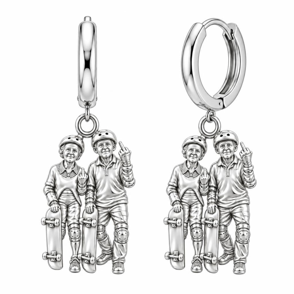 Forever Young Skaters Huggie Charm Earrings – silver, front view