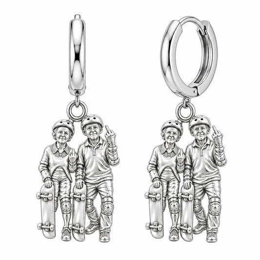 Forever Young Skaters Huggie Charm Earrings – silver, front view