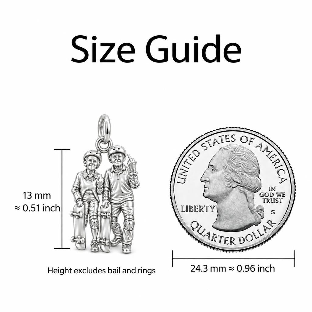 Forever Young Skaters Huggie Charm Earrings – size guide, 13 mm charm next to a quarter