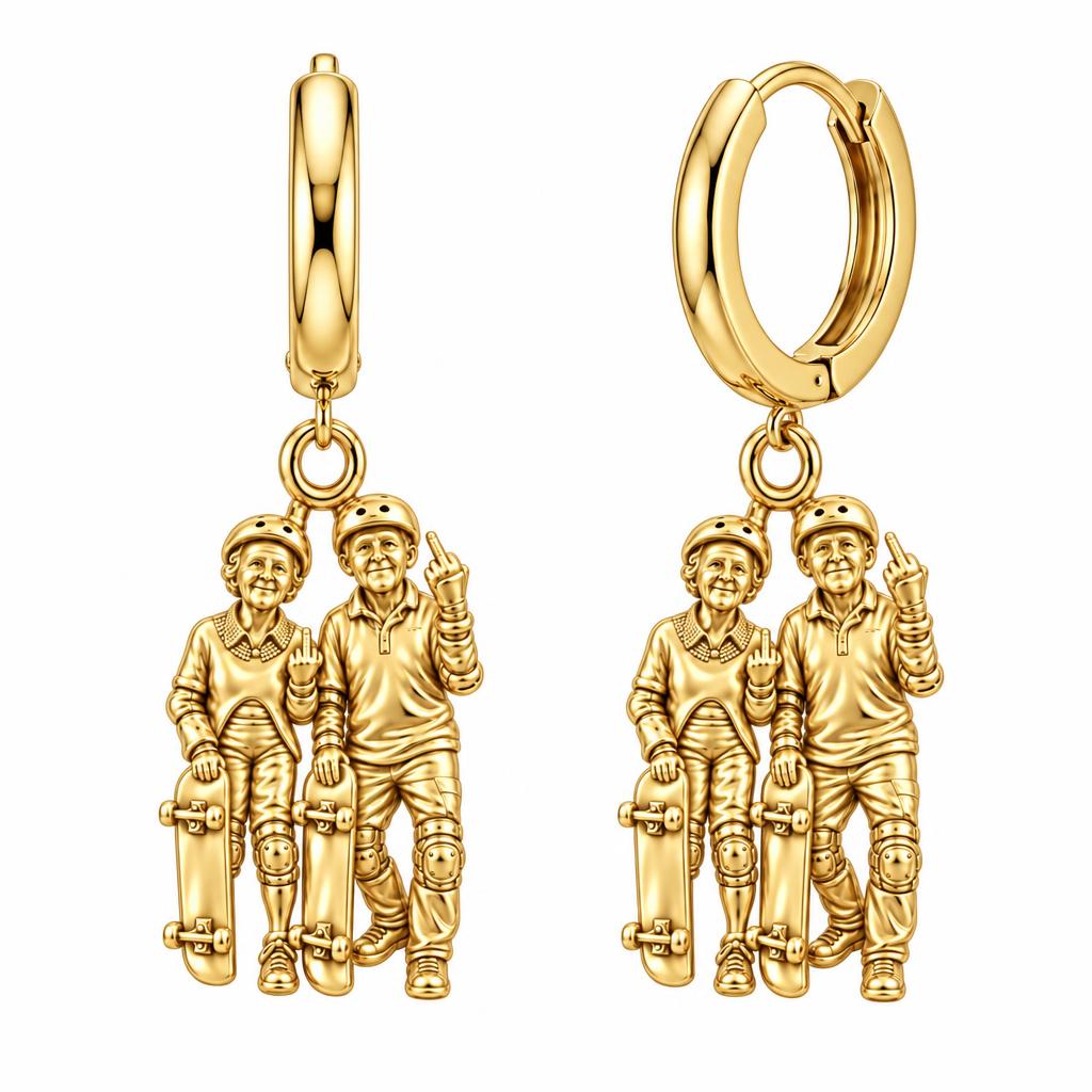 Forever Young Skaters Huggie Charm Earrings – 18K gold, front view