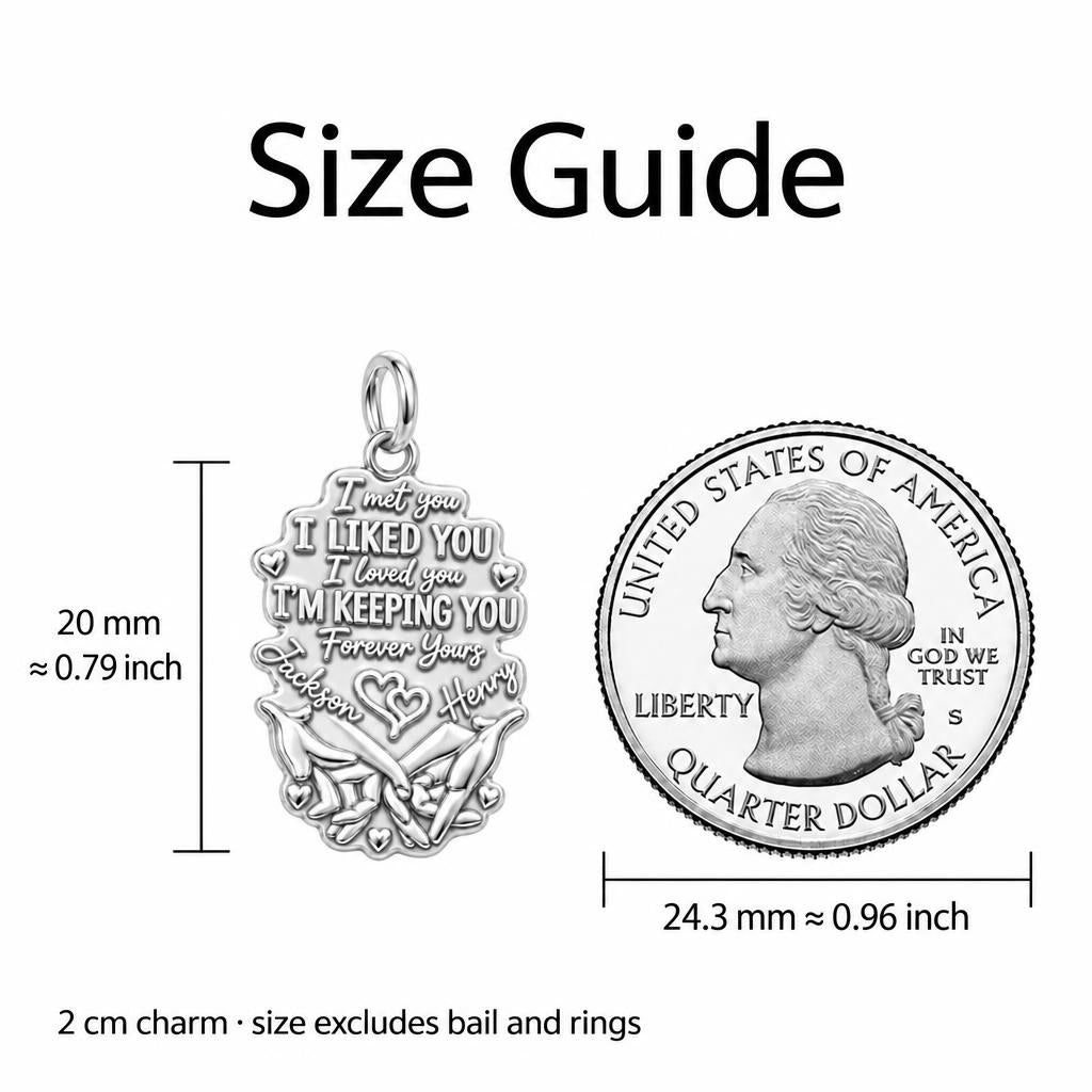 Forever Yours Pinky Swear Charm Bracelet – Personalized Couple Gift – size guide, 2 cm charm next to a quarter