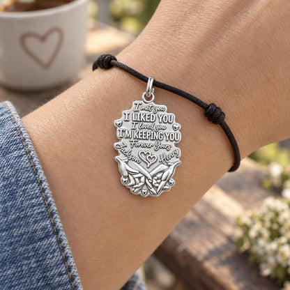 Forever Yours Pinky Swear Charm Bracelet – Personalized Couple Gift – worn on the wrist on a black cord bracelet