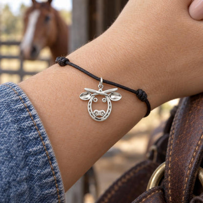 Found Object Horse Charm Bracelet – Personalized Horse Lover Gift – worn on the wrist on a black cord bracelet