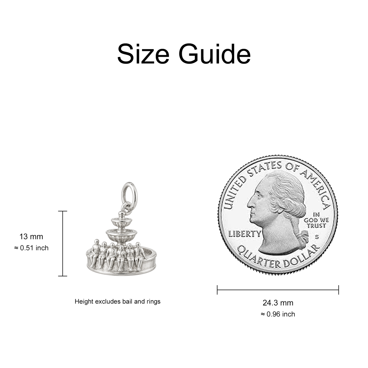 Fountain and Six Friends Charm — Size Guide — 13 mm body excluding bail and rings — 50-works-silver-20260916-4