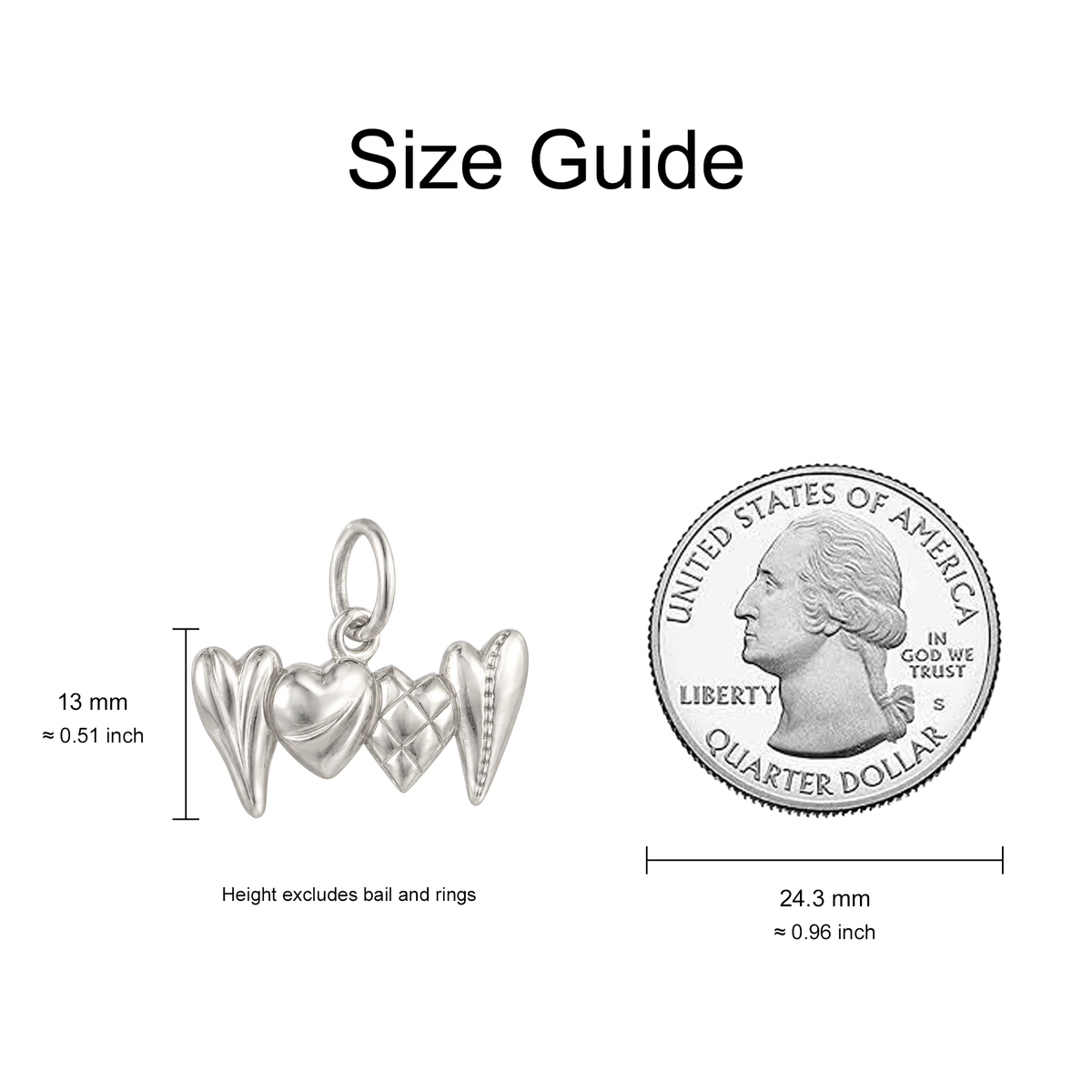 Four Fashion Hearts Charm — Size Guide — 13 mm body excluding bail and rings — 50-works-silver-20260916-13