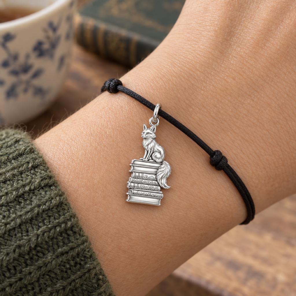 Fox on Antique Books Charm Bracelet – Personalized Reader Gift – worn on the wrist on a black cord bracelet