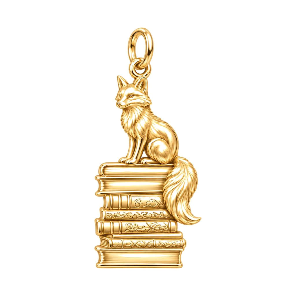 Fox on Antique Books Charm Bracelet – Personalized Reader Gift – 18K gold charm, front view