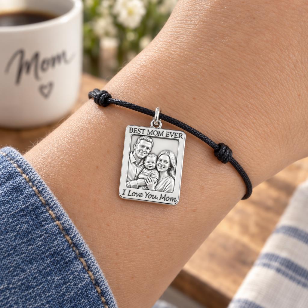 Framed Family Portrait Charm Bracelet – Personalized Mom Gift – worn on the wrist on a black cord bracelet