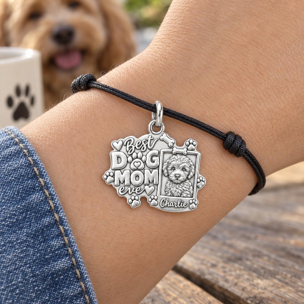 Framed Pet Portrait Charm Bracelet – Personalized Dog Mom Gift – worn on the wrist on a black cord bracelet