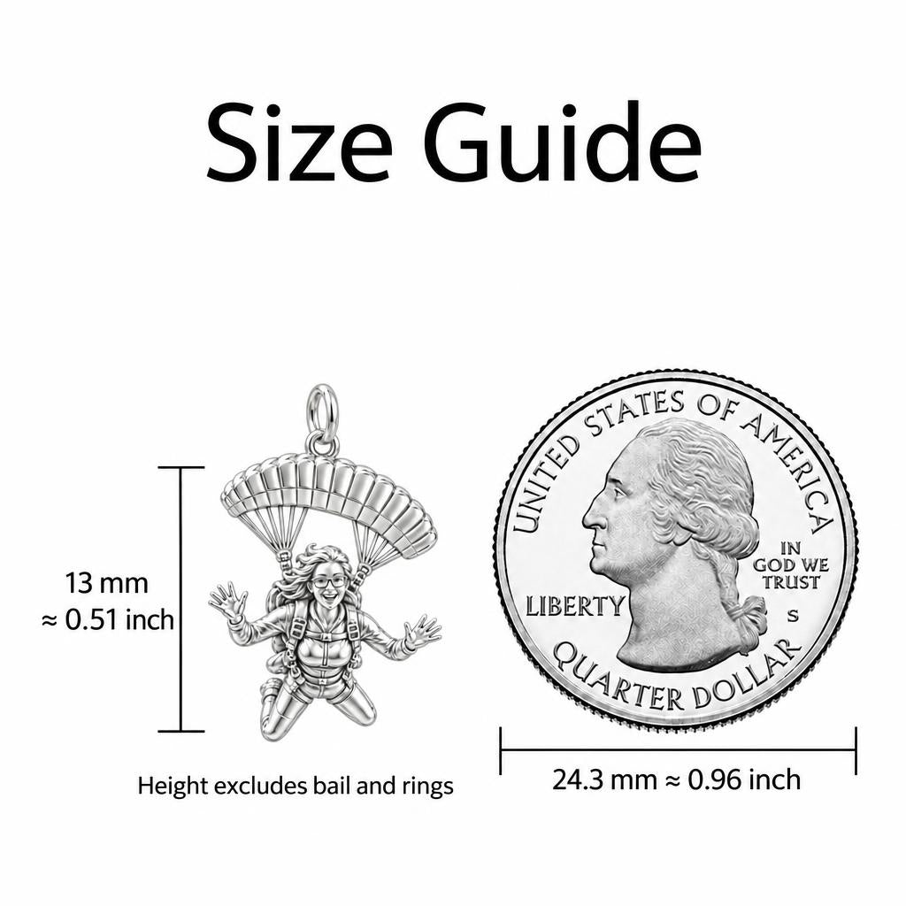 Free Falling Skydiver Charm Bracelet Set – size guide, 13 mm charm next to a quarter