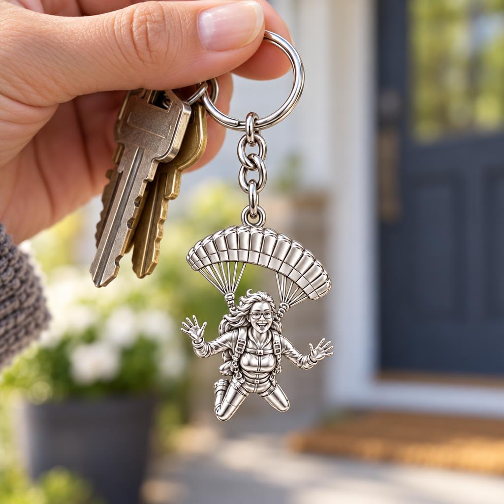 Free Falling Skydiver Charm Keychain – worn / in use