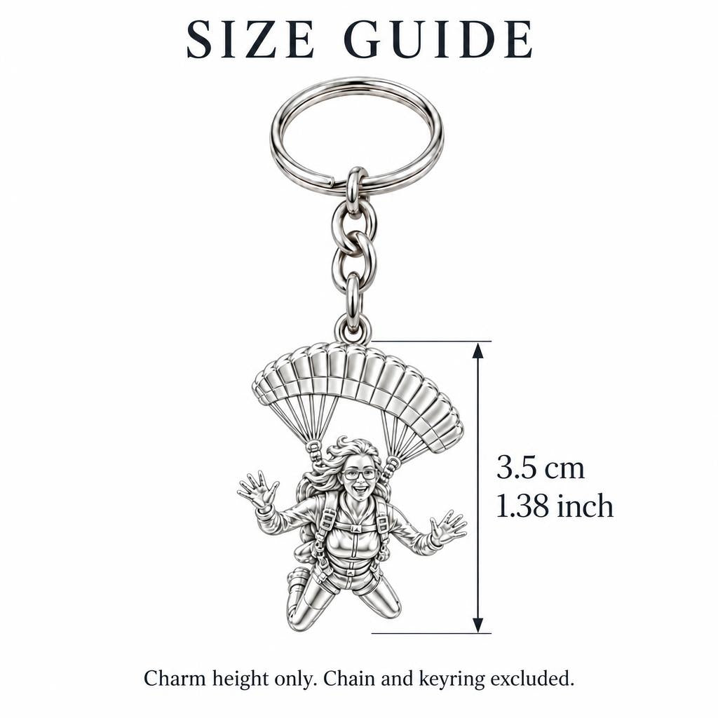 Free Falling Skydiver Charm Keychain – size guide, 3.5 cm (1.38 in) charm, chain and keyring excluded